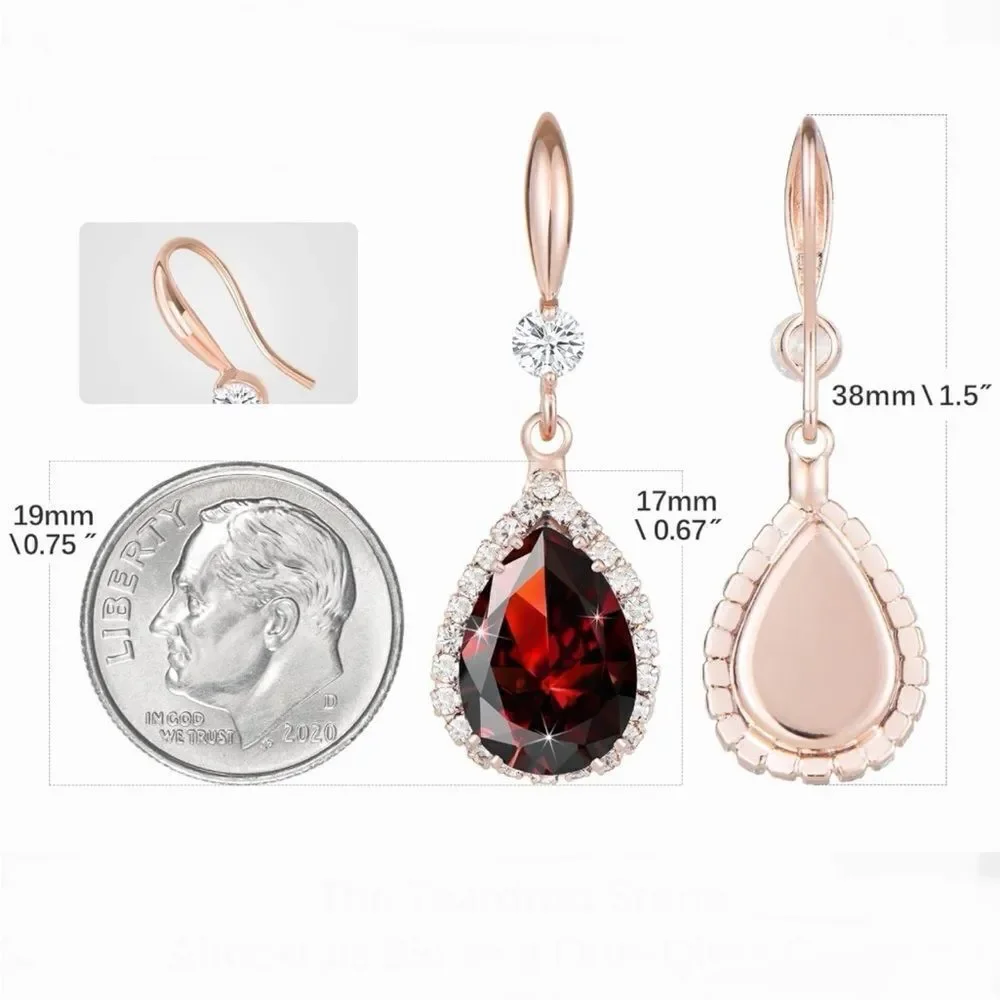 14K Rose Gold with Red Garnet Cubic Zirconia Teardrop Hook Dangling Earrings
